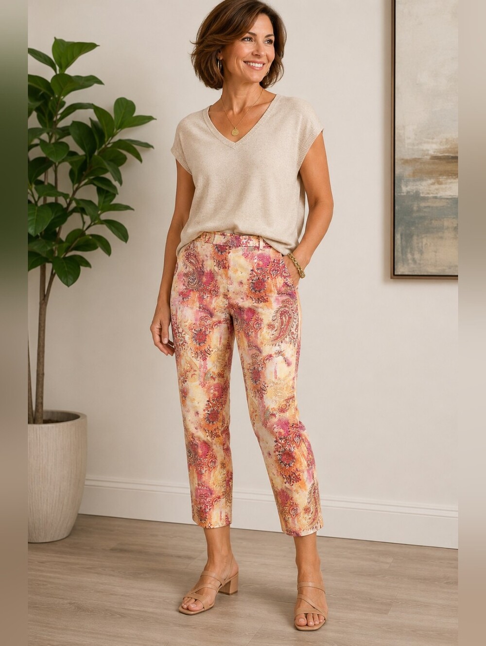 Chico’s Women’s Floral Paisley Ankle Pants Size 5 Small Multicolor Stretch